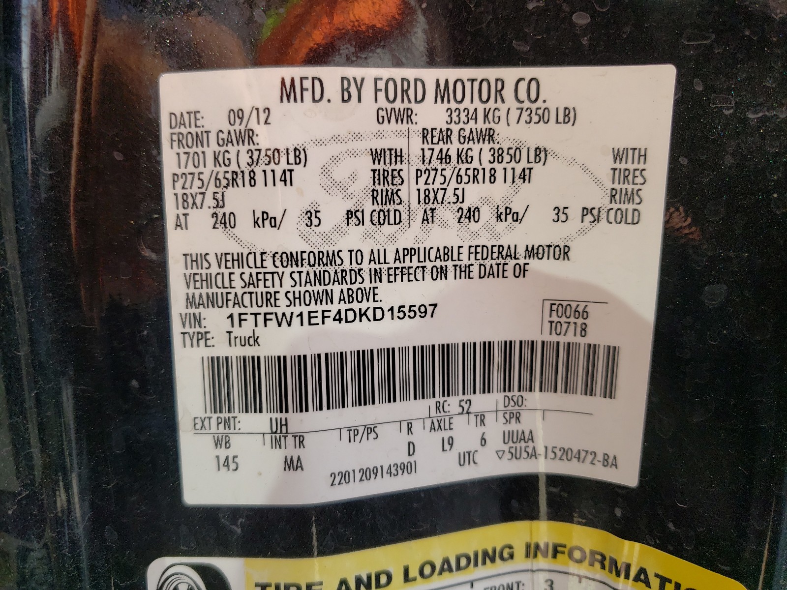 Photo 10 from auction – 2013 FORD F150 SUPER with VIN 1FTFW1EF4DKD15597