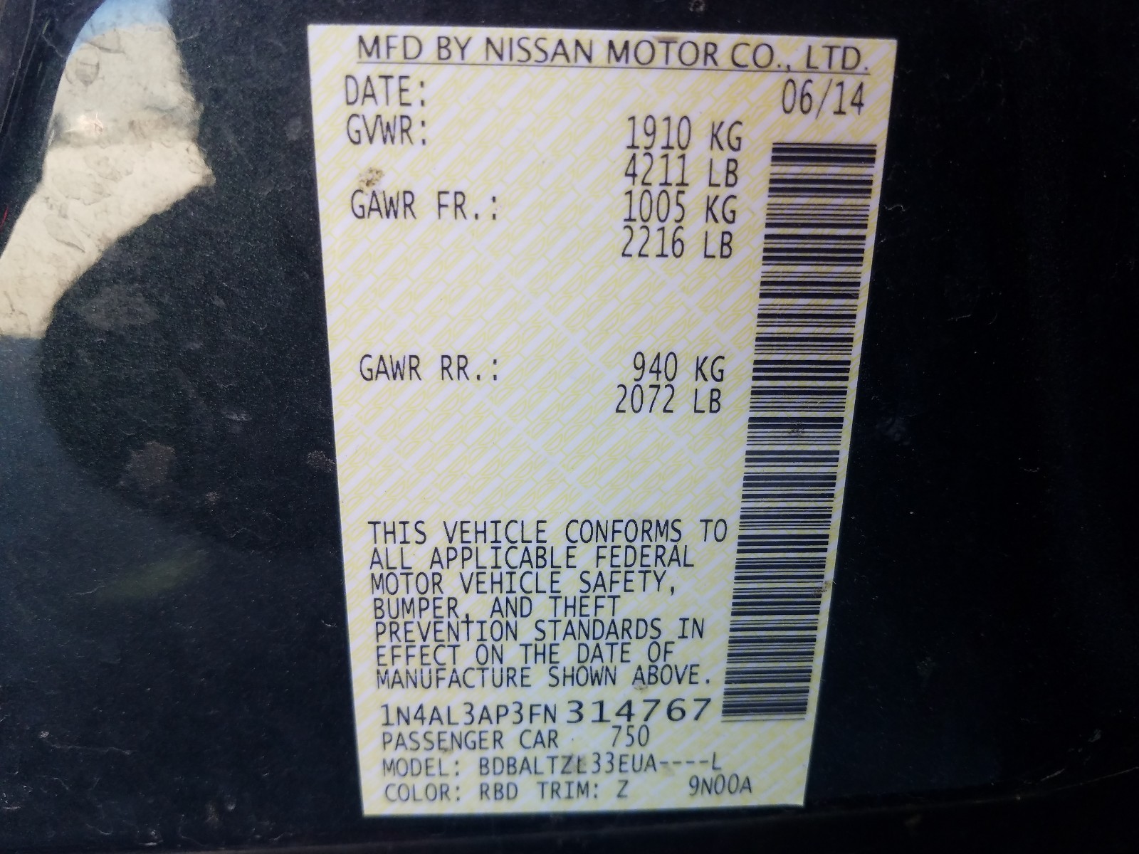 Photo 10 from auction – 2015 NISSAN ALTIMA 2.5 with VIN 1N4AL3AP3FN314767