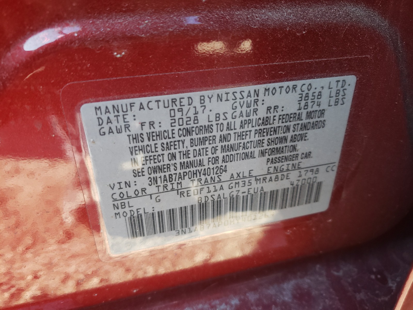 Photo 10 from auction – 2017 NISSAN SENTRA with VIN 3N1AB7AP0HY401264