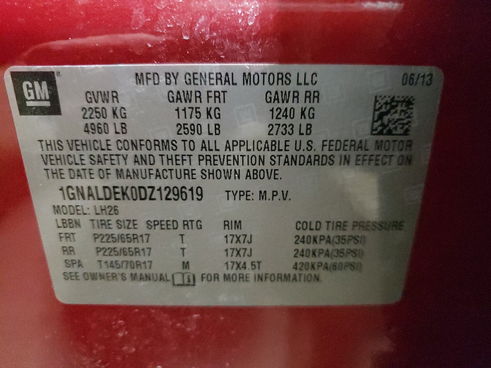 Photo 10 from auction – 2013 CHEVROLET EQUINOX LT with VIN 1GNALDEK0DZ129619