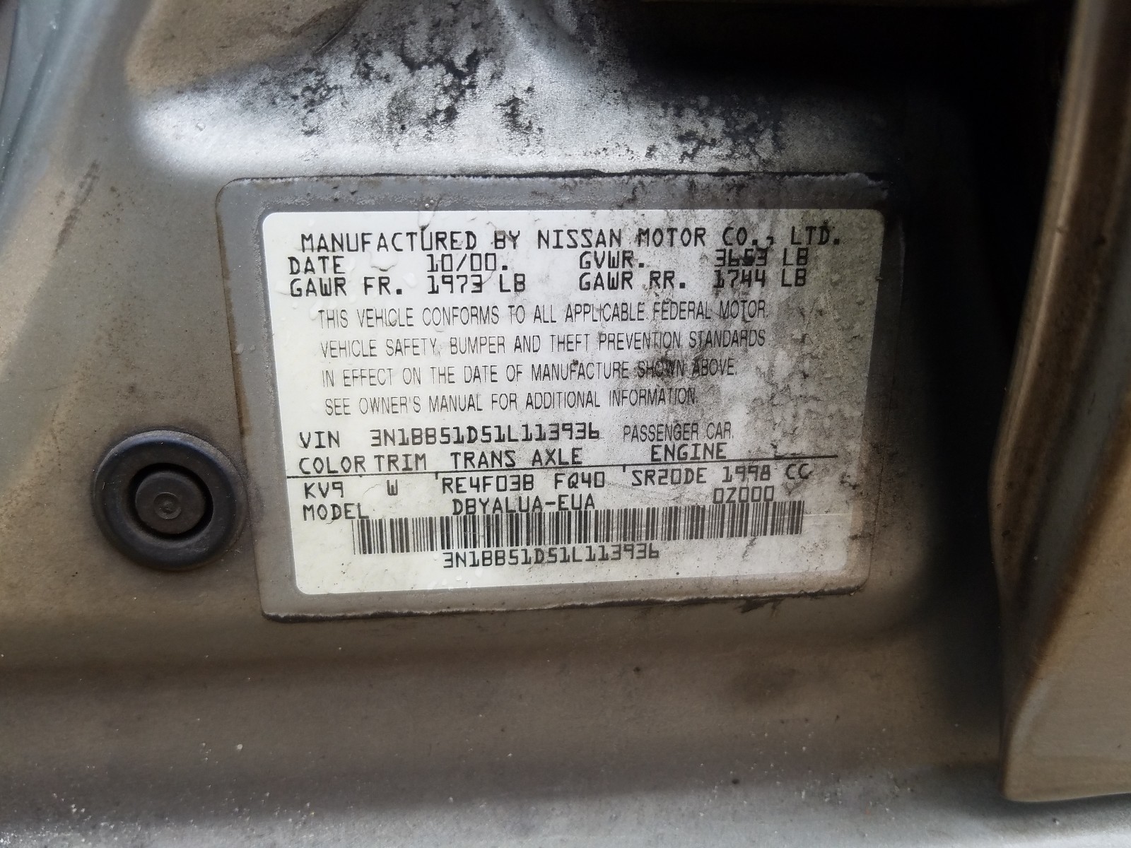 Photo 10 from auction – 2001 NISSAN SENTRA SE with VIN 3N1BB51D51L113936