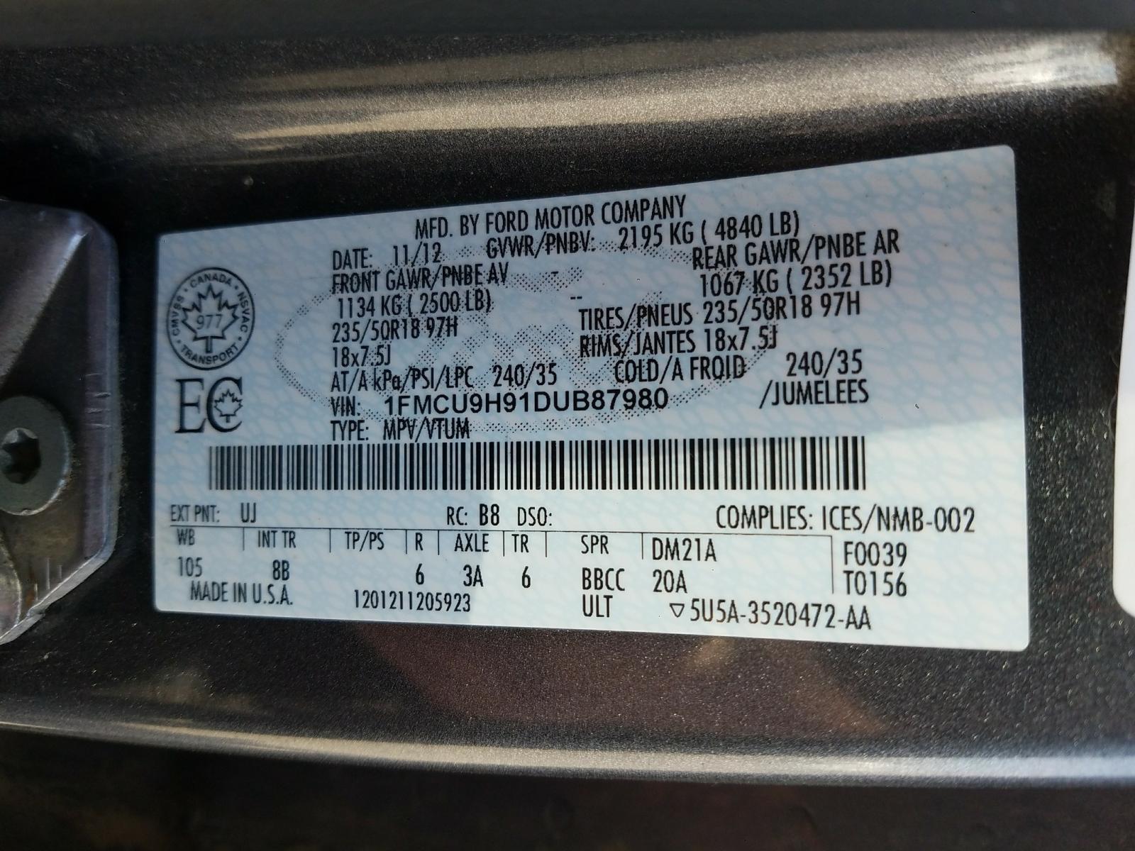 Photo 10 from auction – 2013 FORD ESCAPE SEL with VIN 1FMCU9H91DUB87980