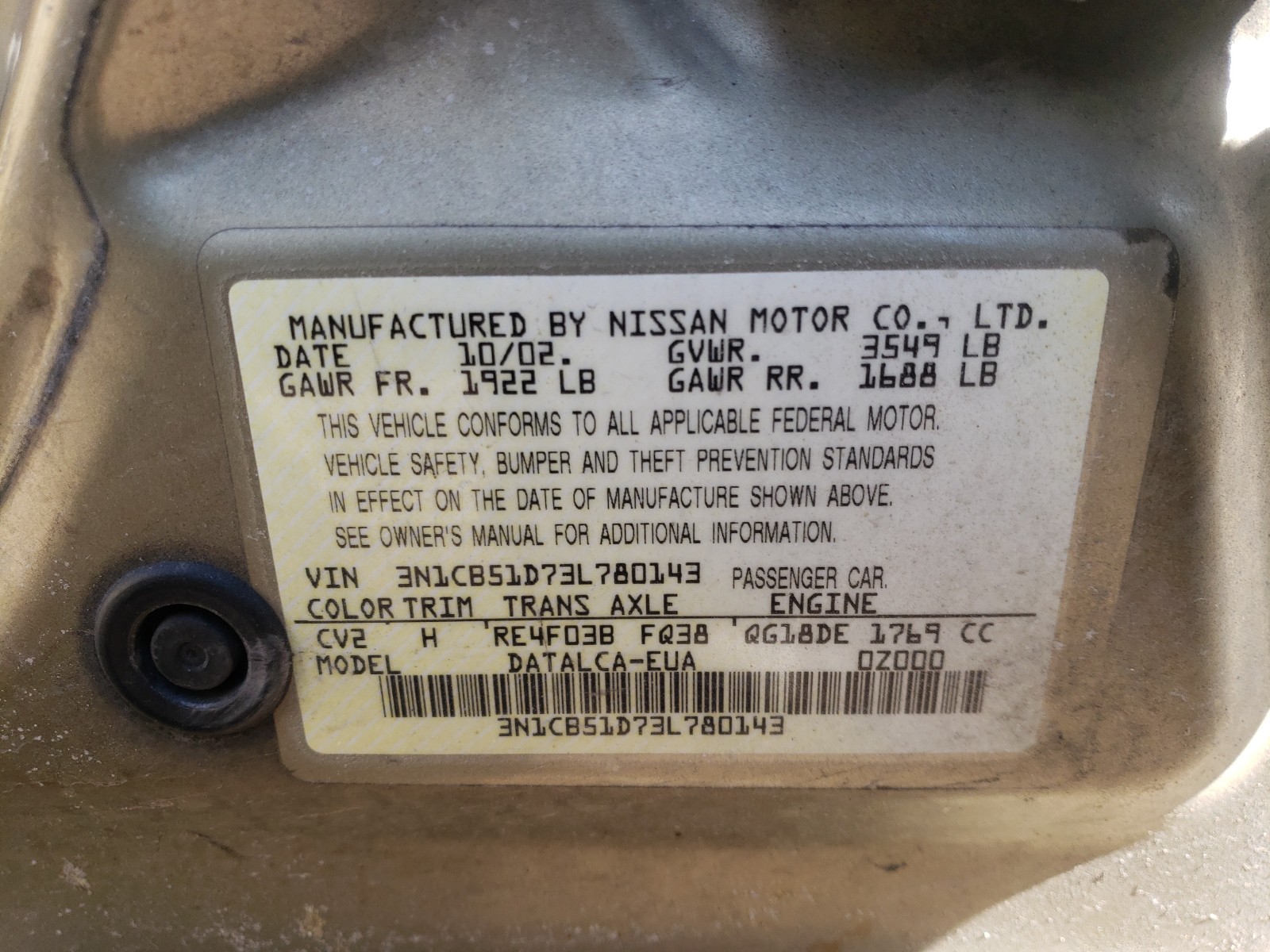 Photo 10 from auction – 2003 NISSAN SENTRA XE with VIN 3N1CB51D73L780143