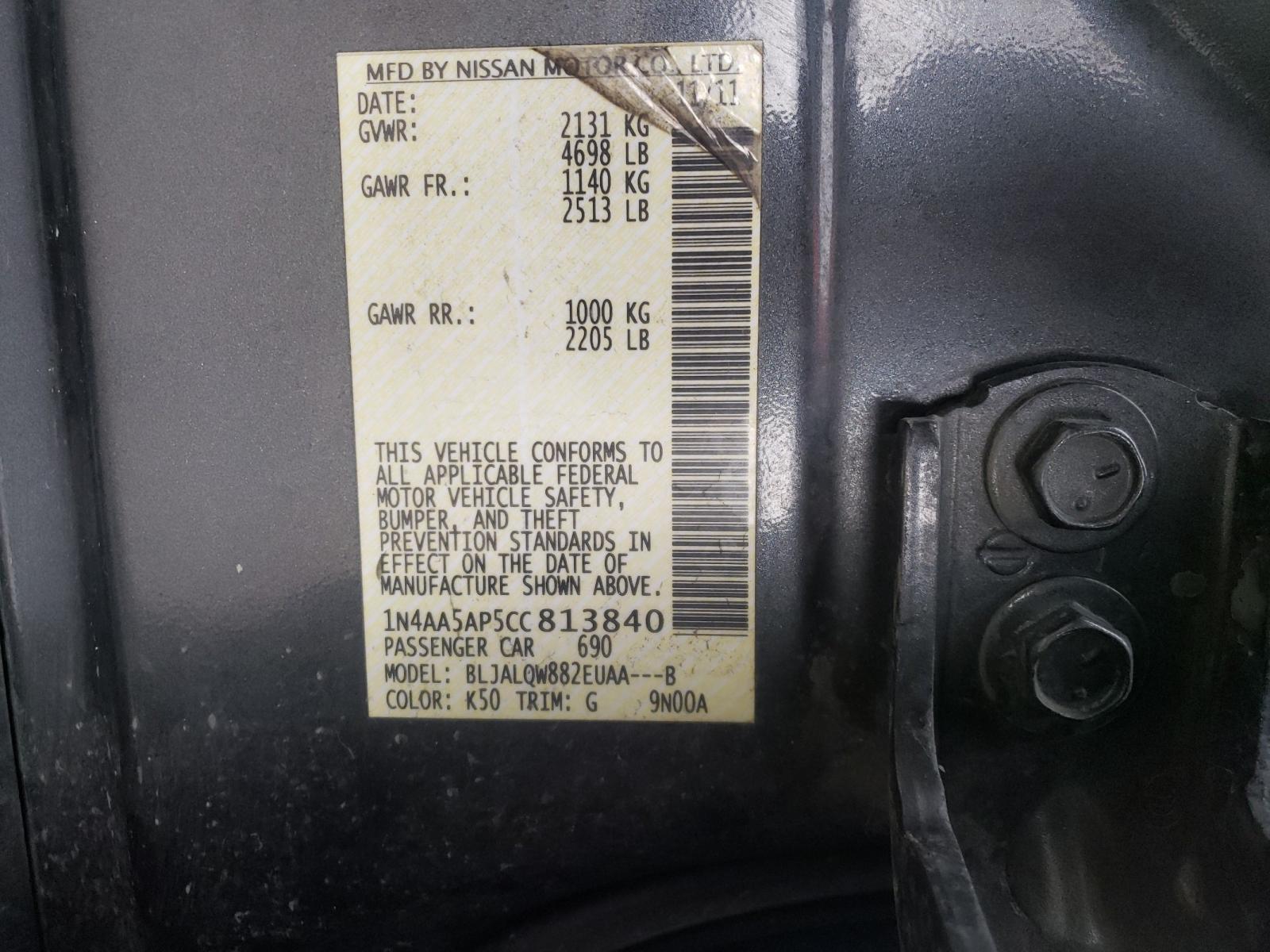 Photo 10 from auction – 2012 NISSAN MAXIMA S with VIN 1N4AA5AP5CC813840