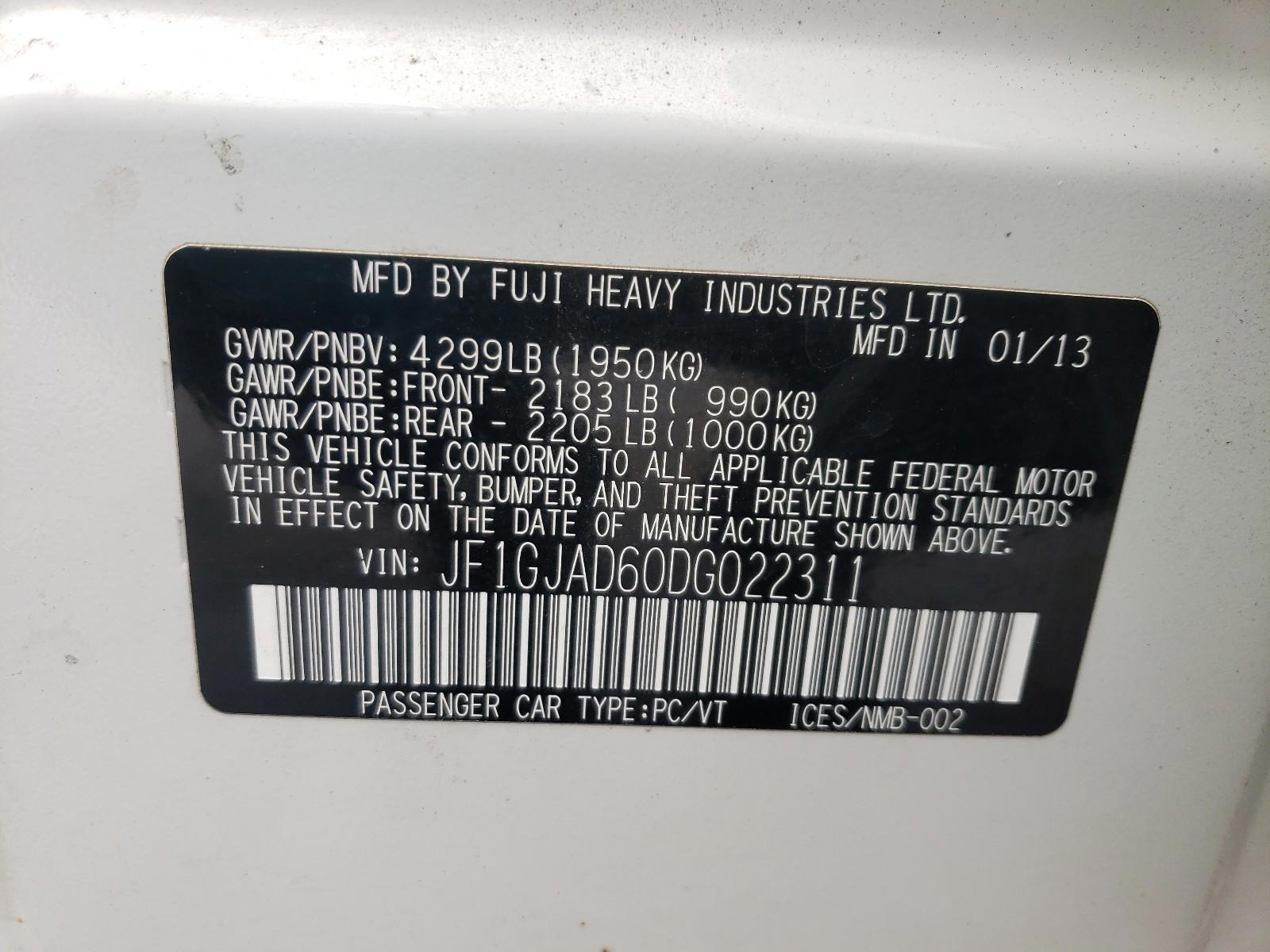 Photo 10 from auction – 2013 SUBARU IMPREZA PR with VIN JF1GJAD60DG022311