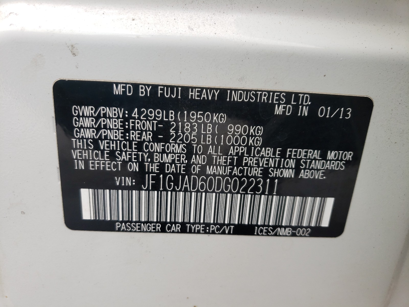Zdjęcie 10 z aukcji – 2013 SUBARU IMPREZA PR z VIN JF1GJAD60DG022311
