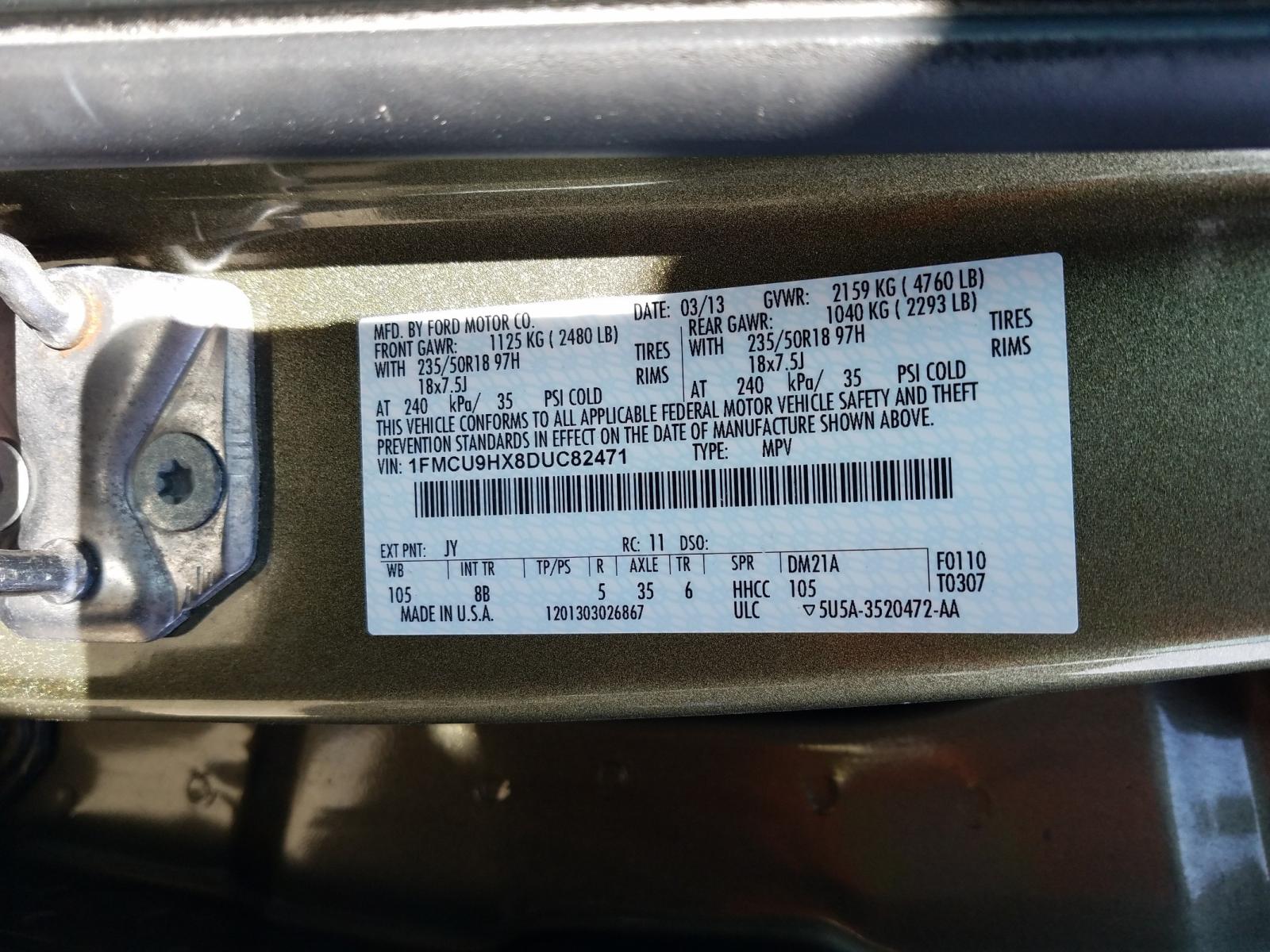 Photo 10 from auction – 2013 FORD ESCAPE SEL with VIN 1FMCU9HX8DUC82471