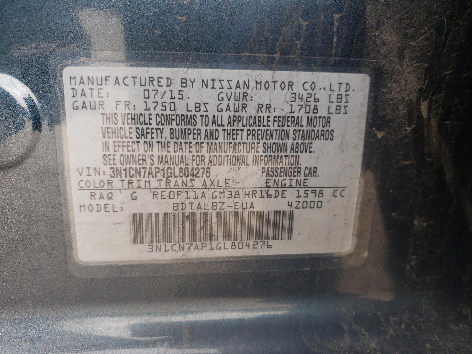 Photo 10 from auction – 2016 NISSAN VERSA S with VIN 3N1CN7AP1GL804276