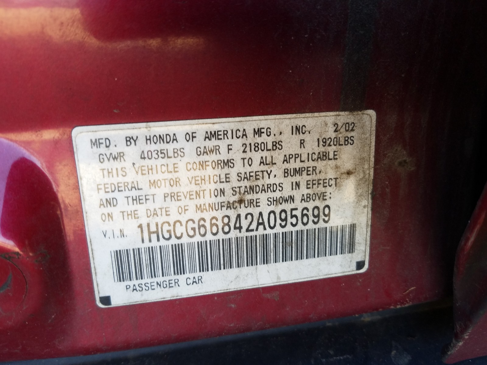 Photo 10 from auction – 2002 HONDA ACCORD with VIN 1HGCG66842A095699