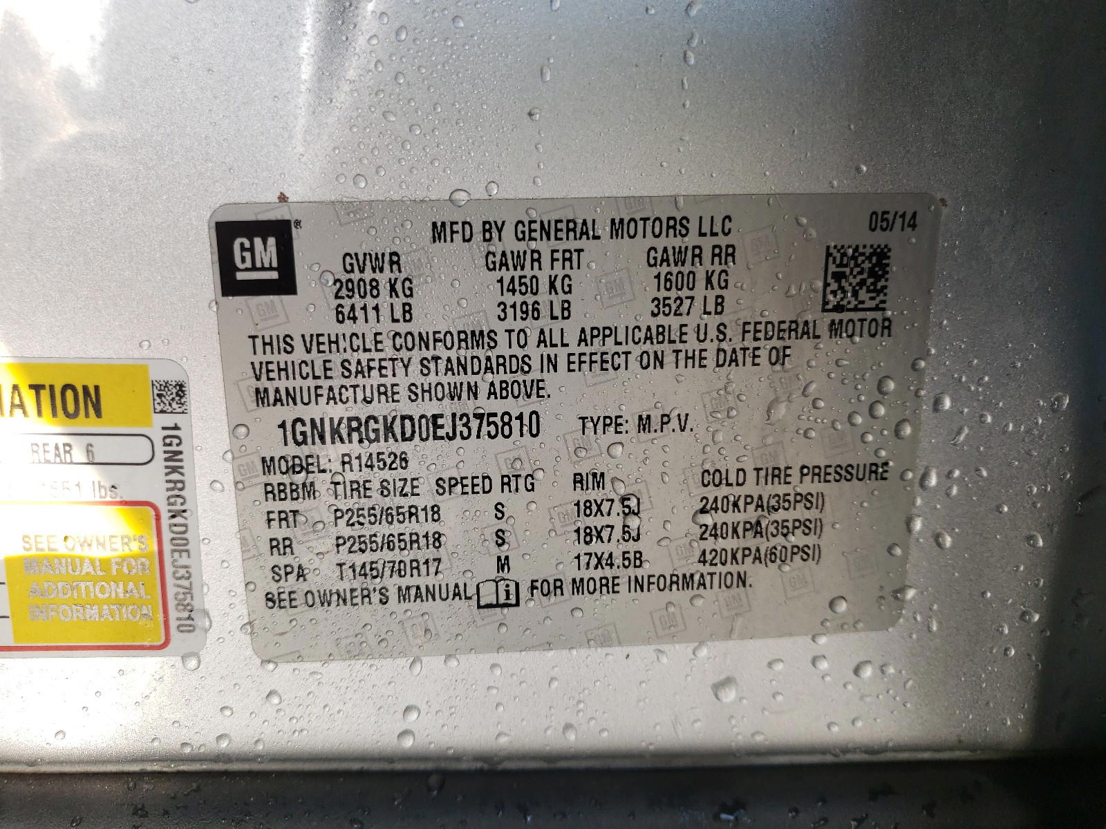 Photo 10 from auction – 2014 CHEVROLET TRAVERSE L with VIN 1GNKRGKD0EJ375810