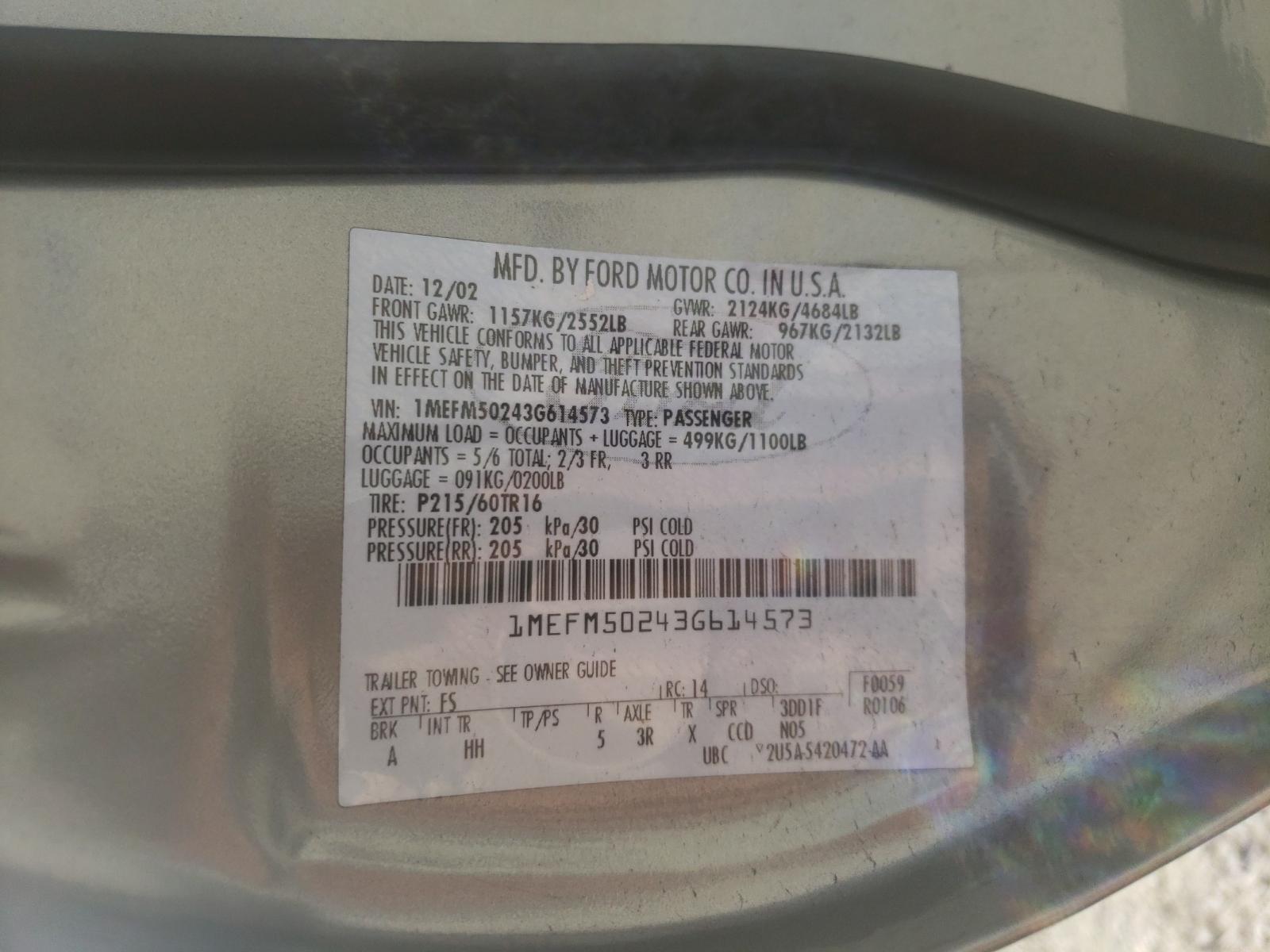 Photo 10 from auction – 2003 MERCURY SABLE GS with VIN 1MEFM50243G614573