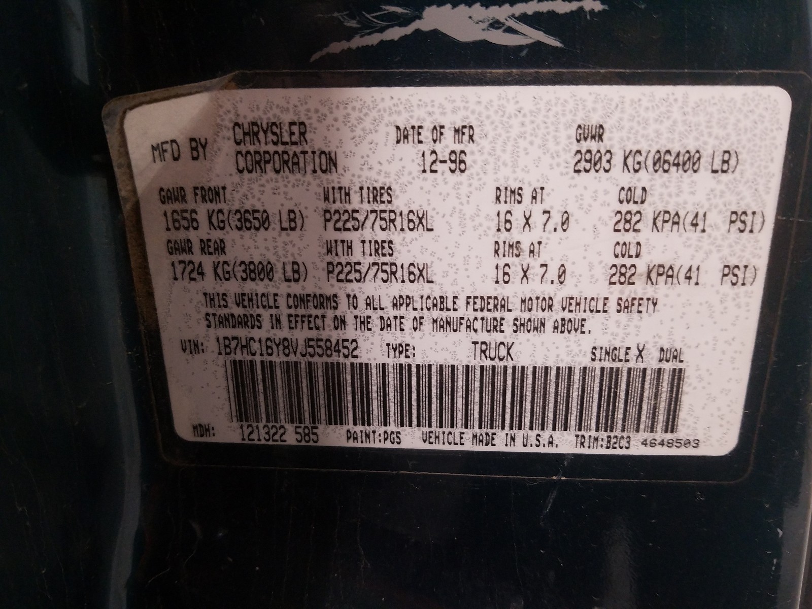 Zdjęcie 10 z aukcji – 1997 DODGE RAM 1500 z VIN 1B7HC16Y8VJ558452