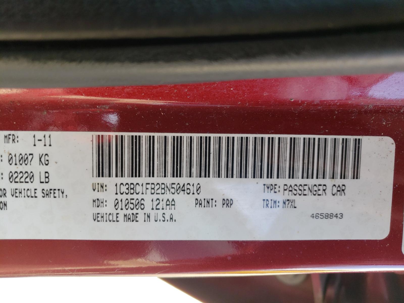 Photo 10 from auction – 2011 CHRYSLER 200 TOURIN with VIN 1C3BC1FB2BN504610