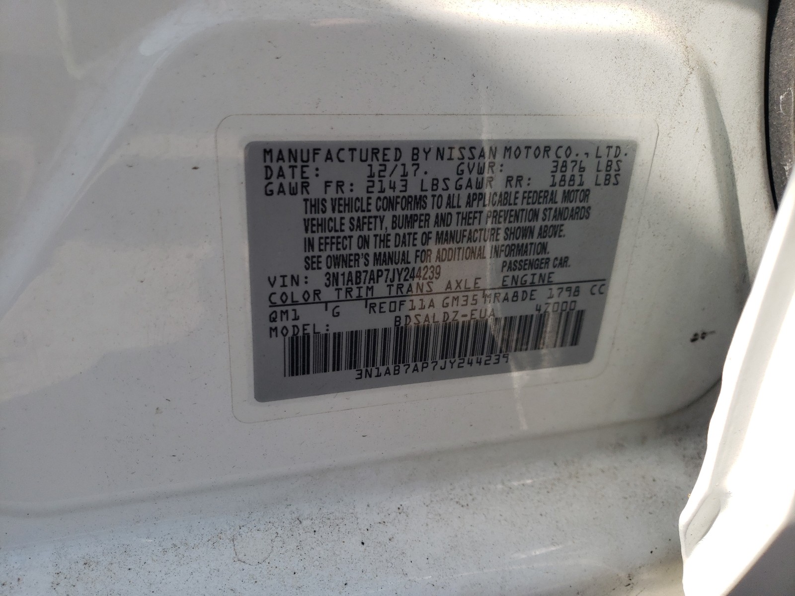 Photo 10 from auction – 2018 NISSAN SENTRA S with VIN 3N1AB7AP7JY244239