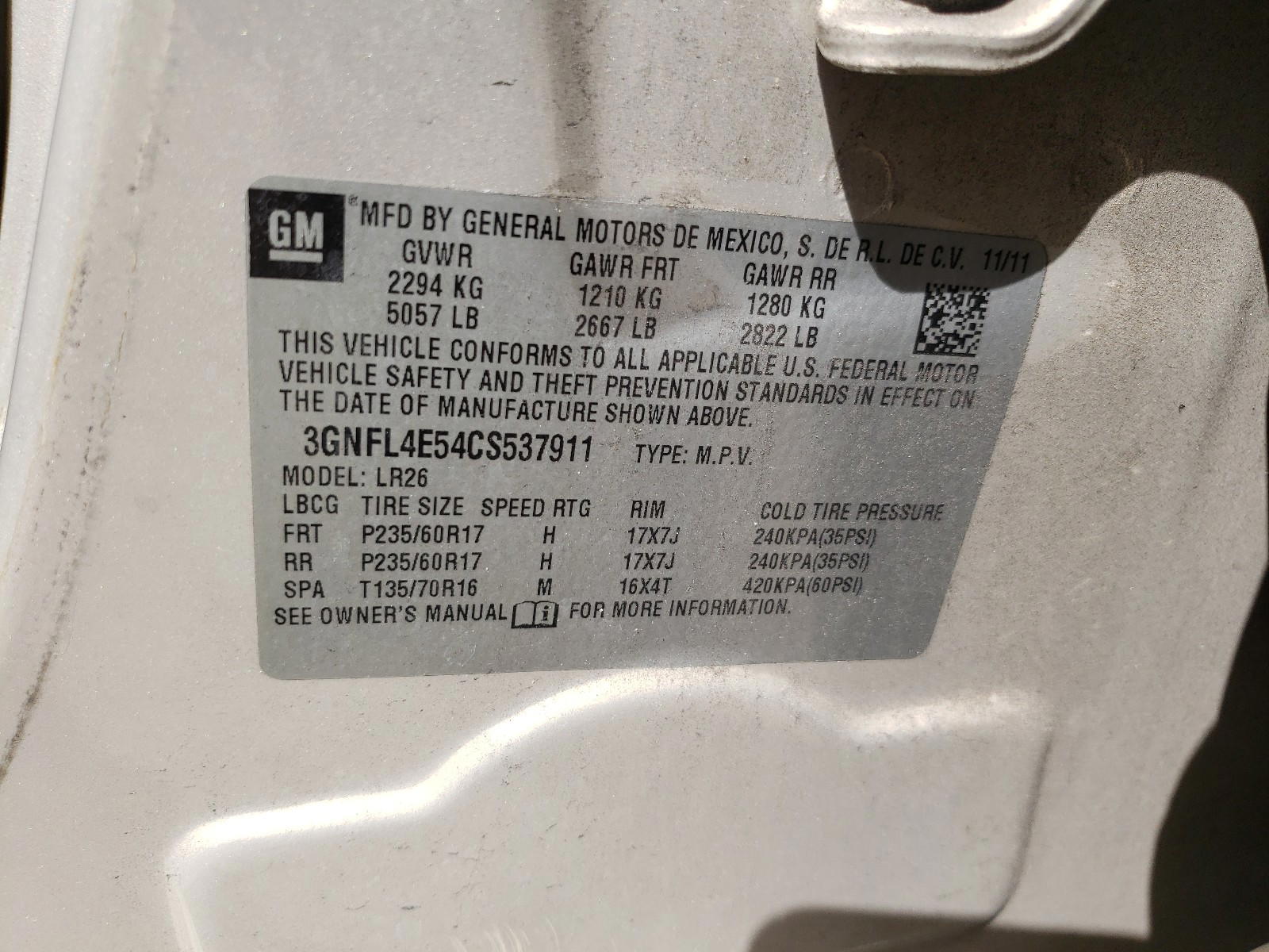 Photo 10 from auction – 2012 CHEVROLET CAPTIVA SP with VIN 3GNFL4E54CS537911