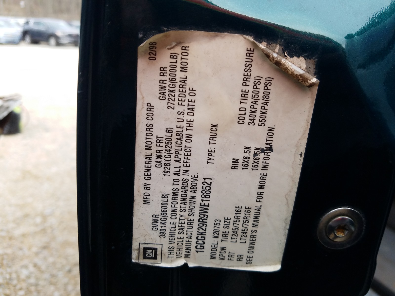 Photo 10 from auction – 1998 CHEVROLET 2500 with VIN 1GCGK29R9WE188521
