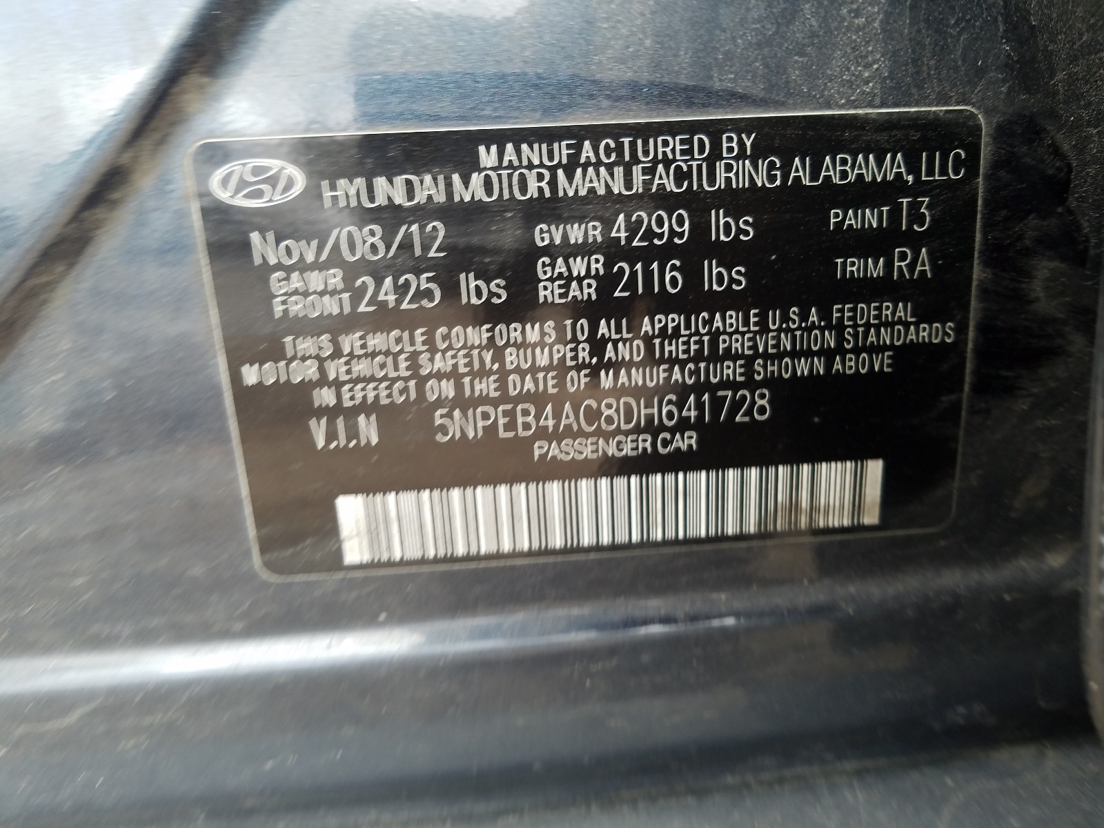 Photo 10 from auction – 2013 HYUNDAI SONATA GLS with VIN 5NPEB4AC8DH641728