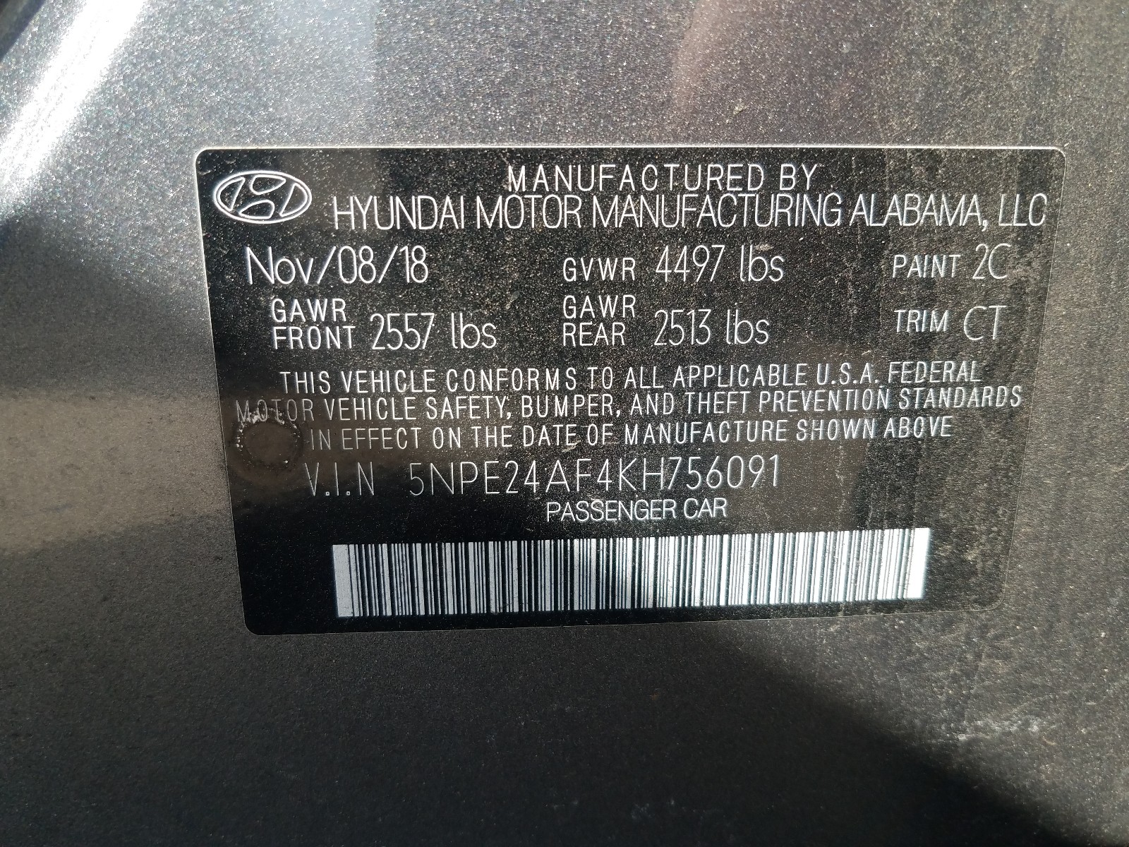 Photo 10 from auction – 2019 HYUNDAI SONATA SE with VIN 5NPE24AF4KH756091