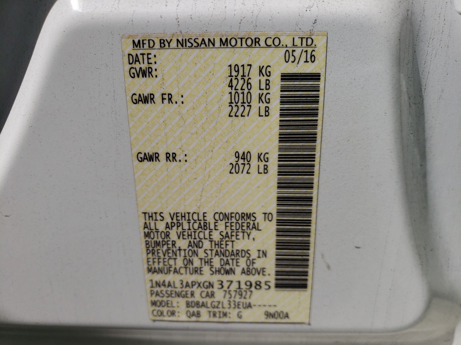 Photo 10 from auction – 2016 NISSAN ALTIMA 2.5 with VIN 1N4AL3APXGN371985