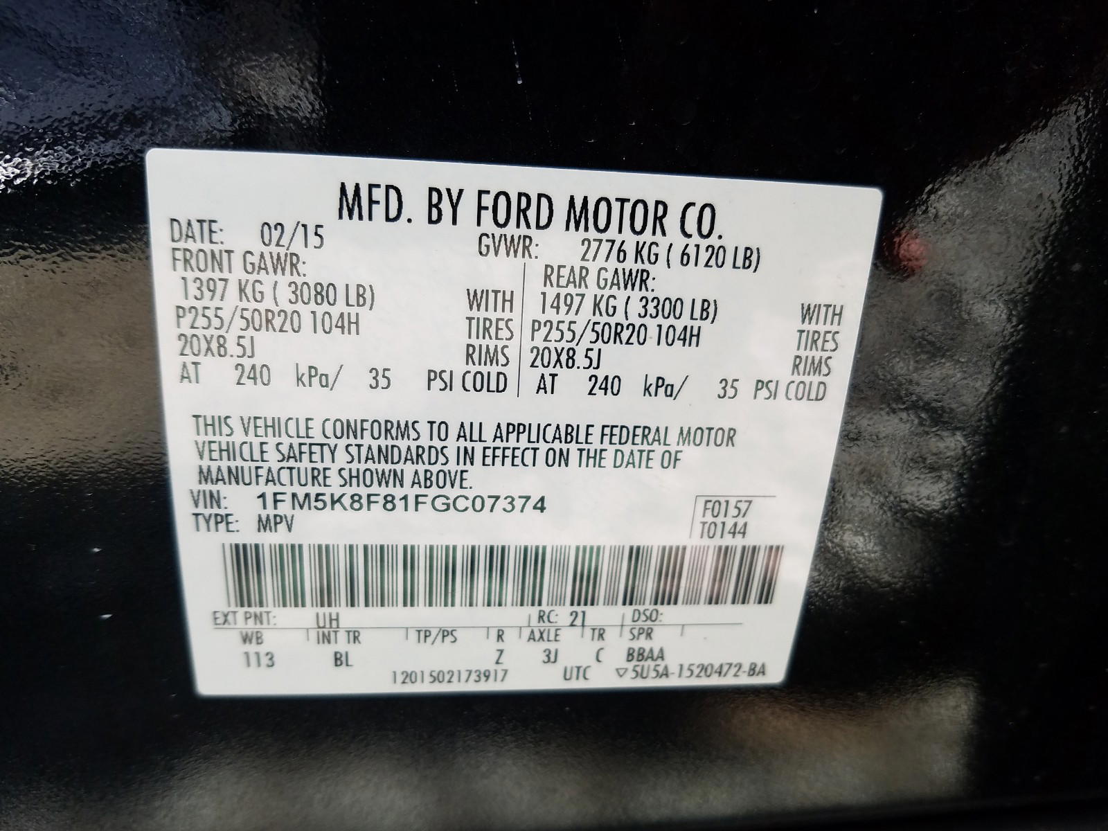 Photo 10 from auction – 2015 FORD EXPLORER L with VIN 1FM5K8F81FGC07374