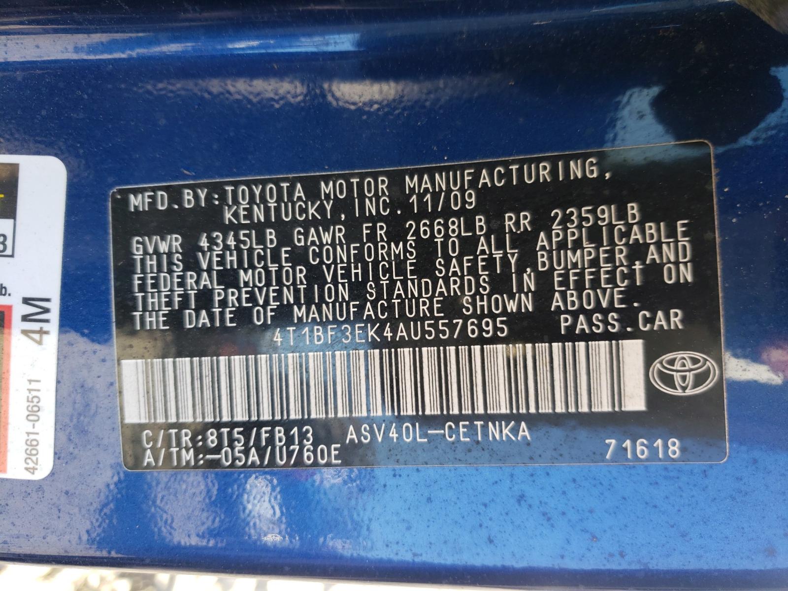 Photo 10 from auction – 2010 TOYOTA CAMRY BASE with VIN 4T1BF3EK4AU557695