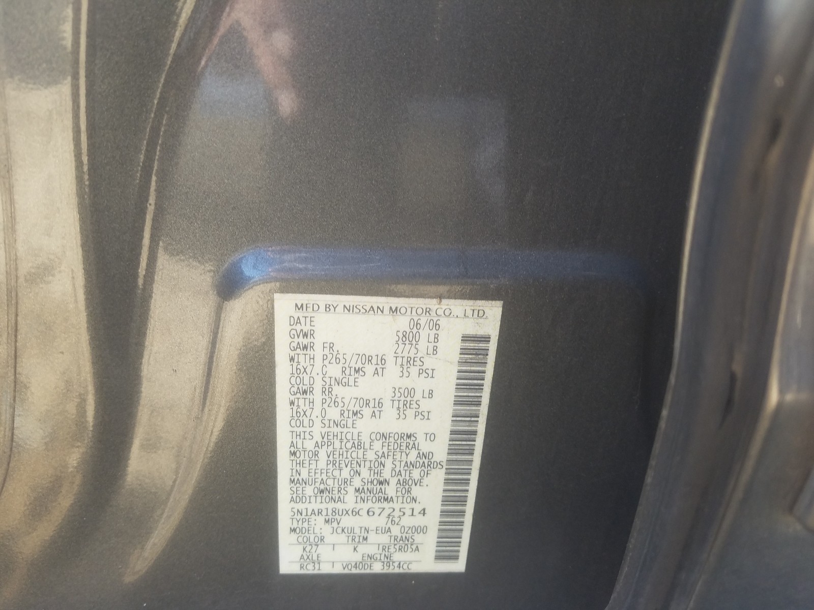 Photo 10 from auction – 2006 NISSAN PATHFINDER with VIN 5N1AR18UX6C672514