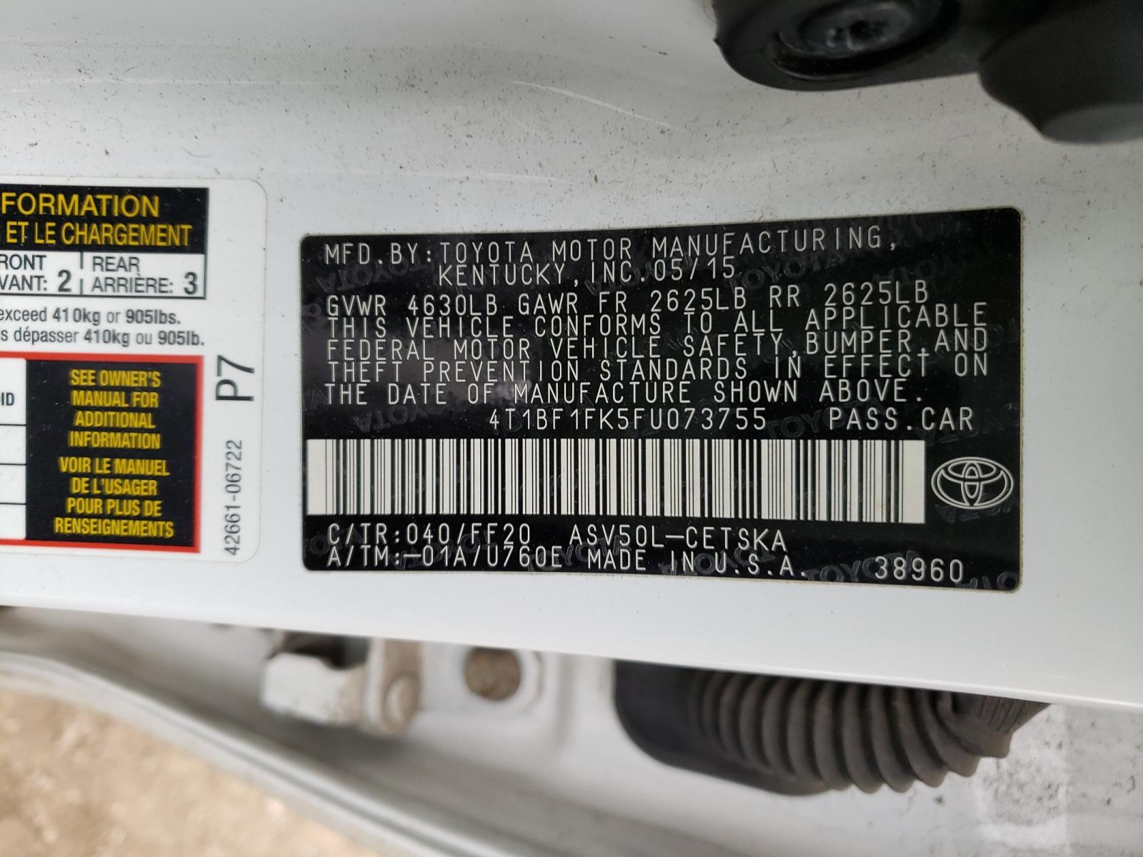 Photo 10 from auction – 2015 TOYOTA CAMRY LE with VIN 4T1BF1FK5FU073755