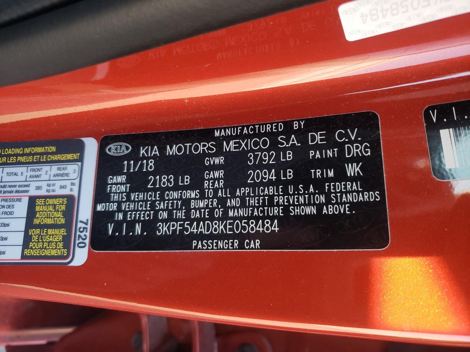 Photo 10 from auction – 2019 KIA FORTE EX with VIN 3KPF54AD8KE058484