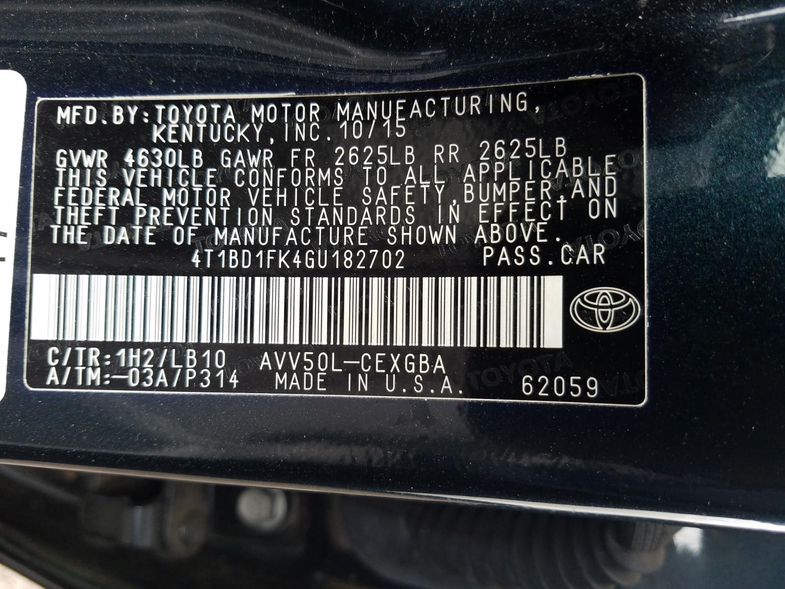 Photo 10 from auction – 2016 TOYOTA CAMRY HYBR with VIN 4T1BD1FK4GU182702