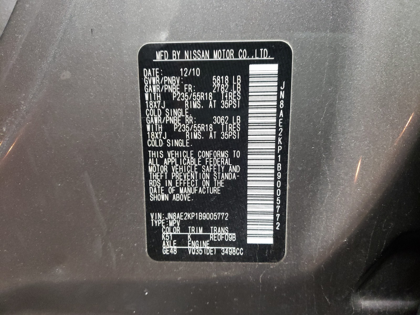 Photo 10 from auction – 2011 NISSAN QUEST S with VIN JN8AE2KP1B9005772