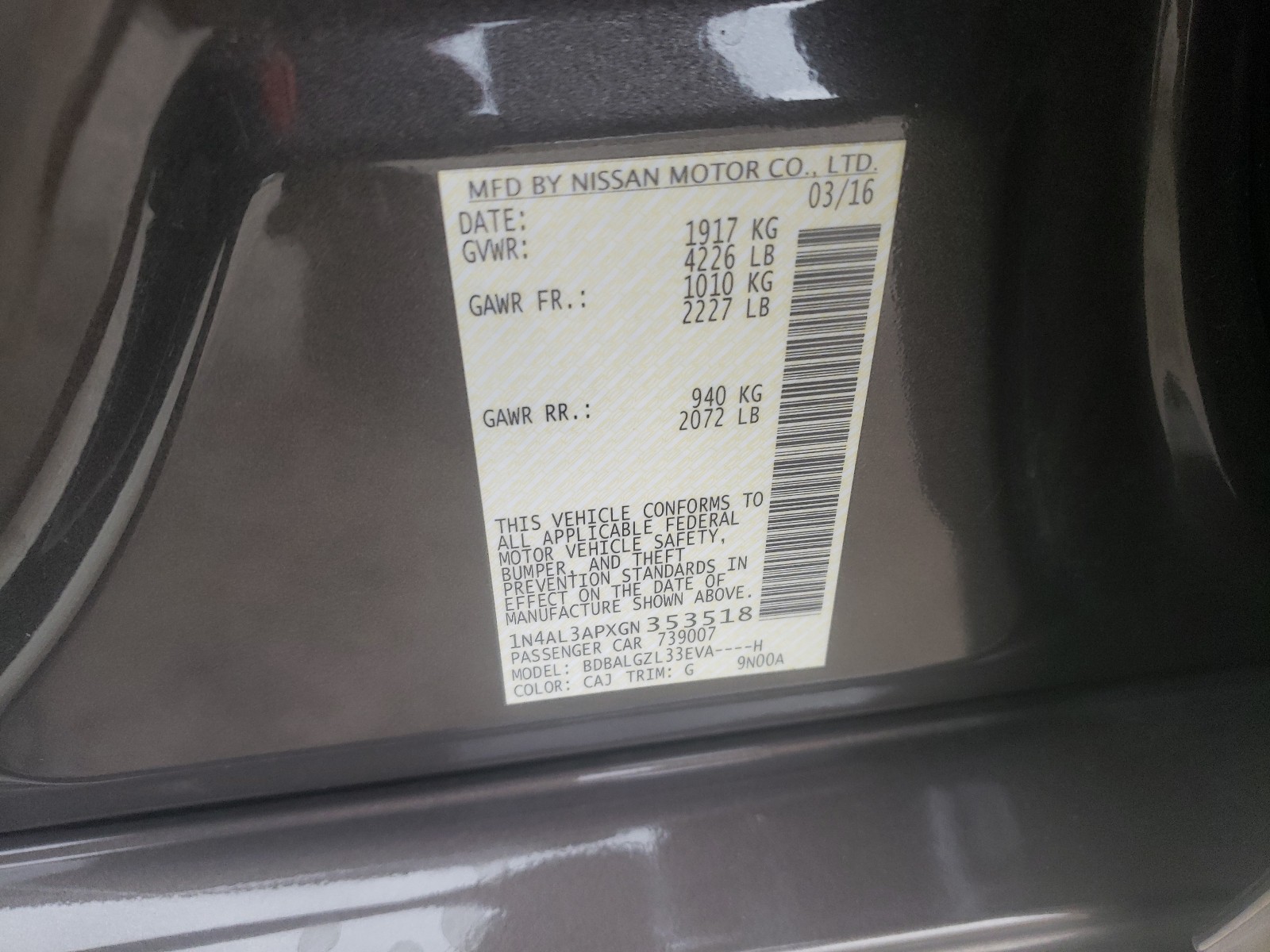 Photo 10 from auction – 2016 NISSAN ALTIMA 2.5 with VIN 1N4AL3APXGN353518
