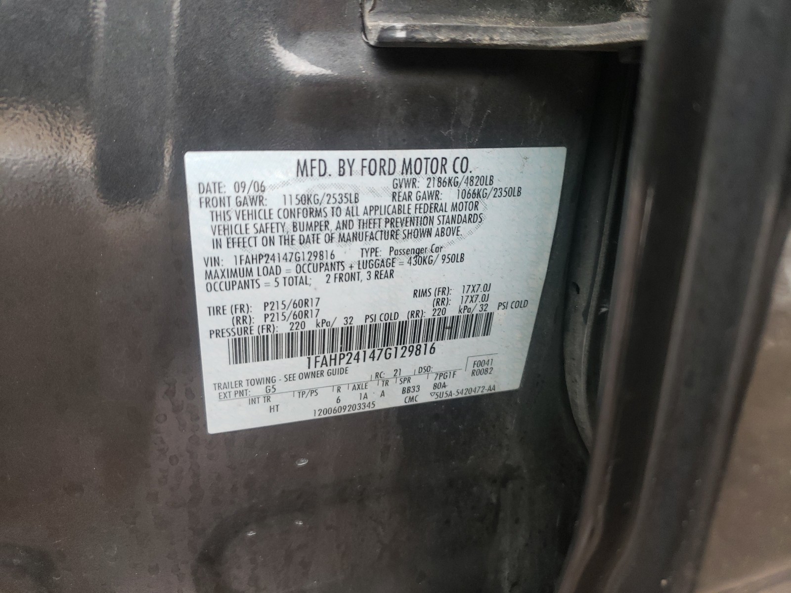 Photo 10 from auction – 2007 FORD FIVE HUNDR with VIN 1FAHP24147G129816