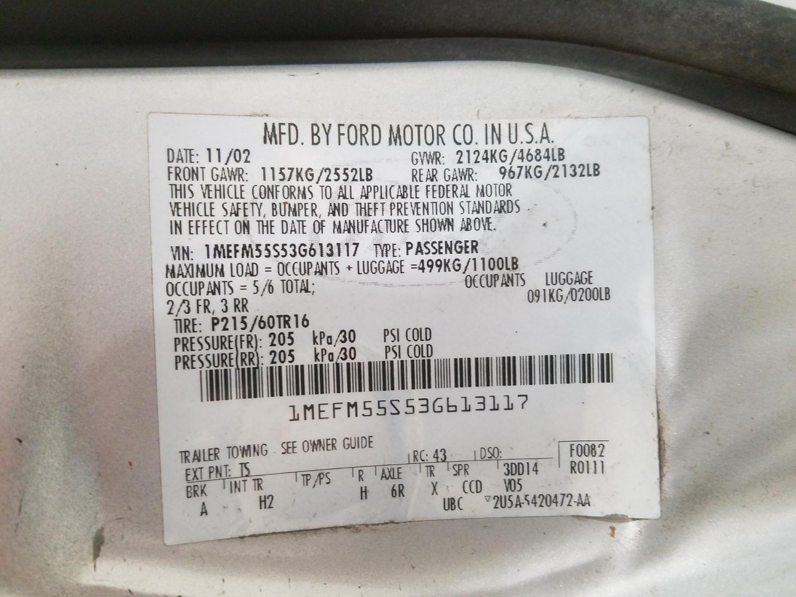 Photo 10 from auction – 2003 MERCURY SABLE LS P with VIN 1MEFM55S53G613117