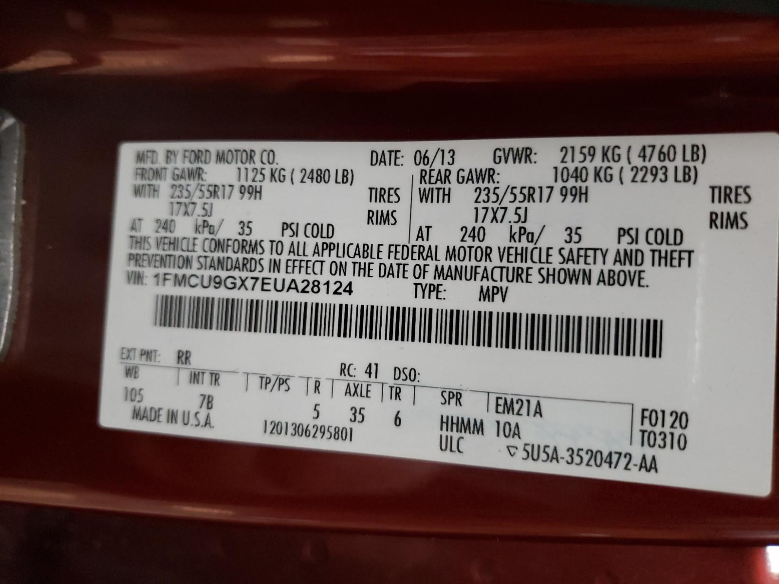 Photo 10 from auction – 2014 FORD ESCAPE SE with VIN 1FMCU9GX7EUA28124
