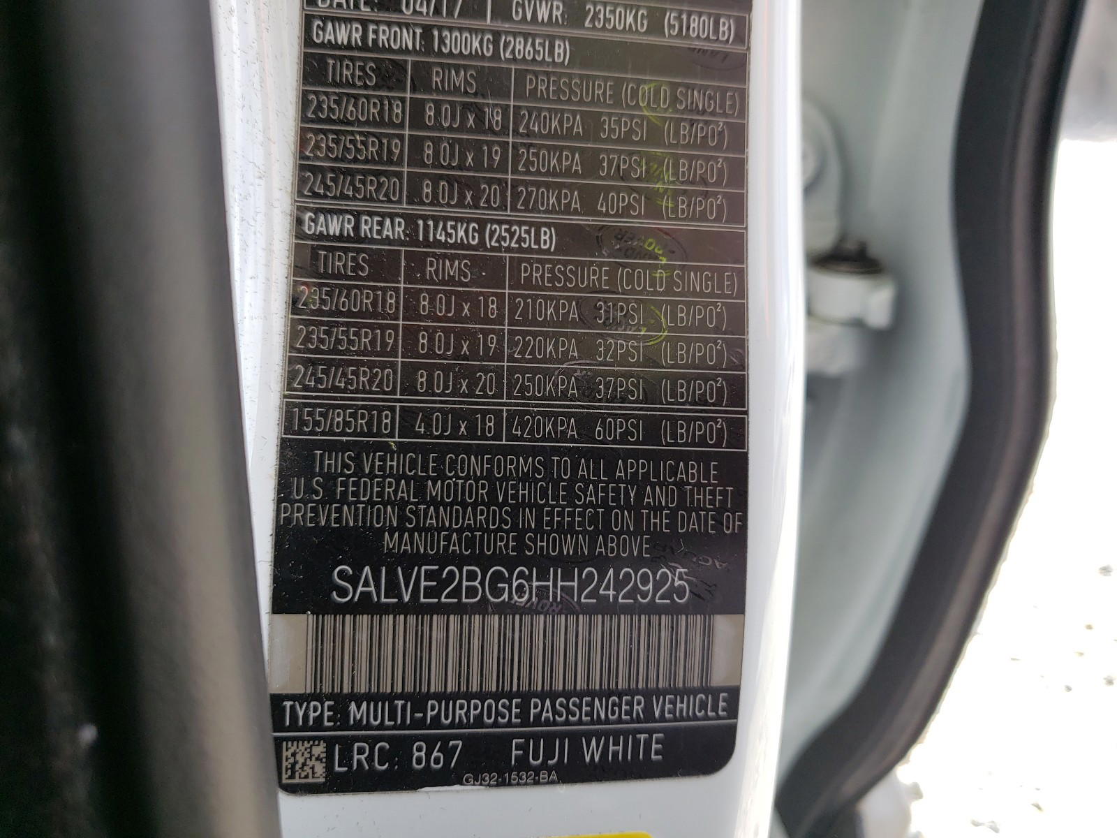 Photo 10 from auction – 2017 LAND ROVER RANGE ROVE with VIN SALVE2BG6HH242925