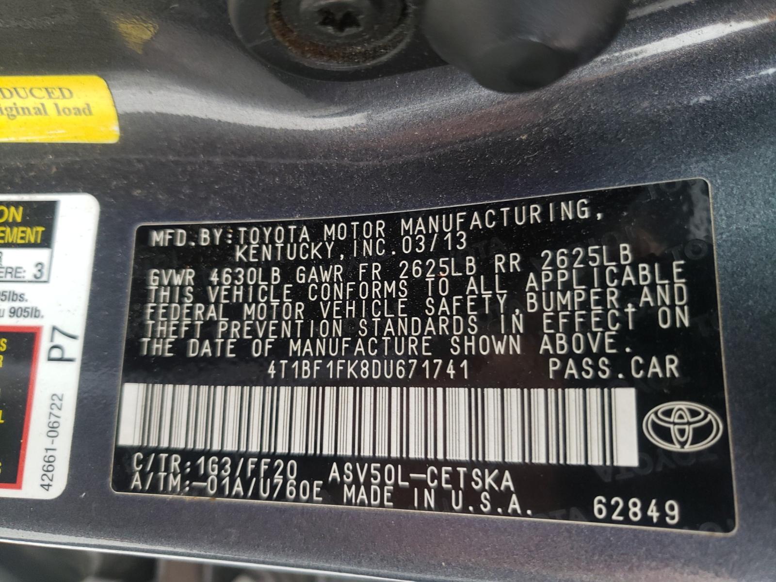 Photo 10 from auction – 2013 TOYOTA CAMRY L with VIN 4T1BF1FK8DU671741