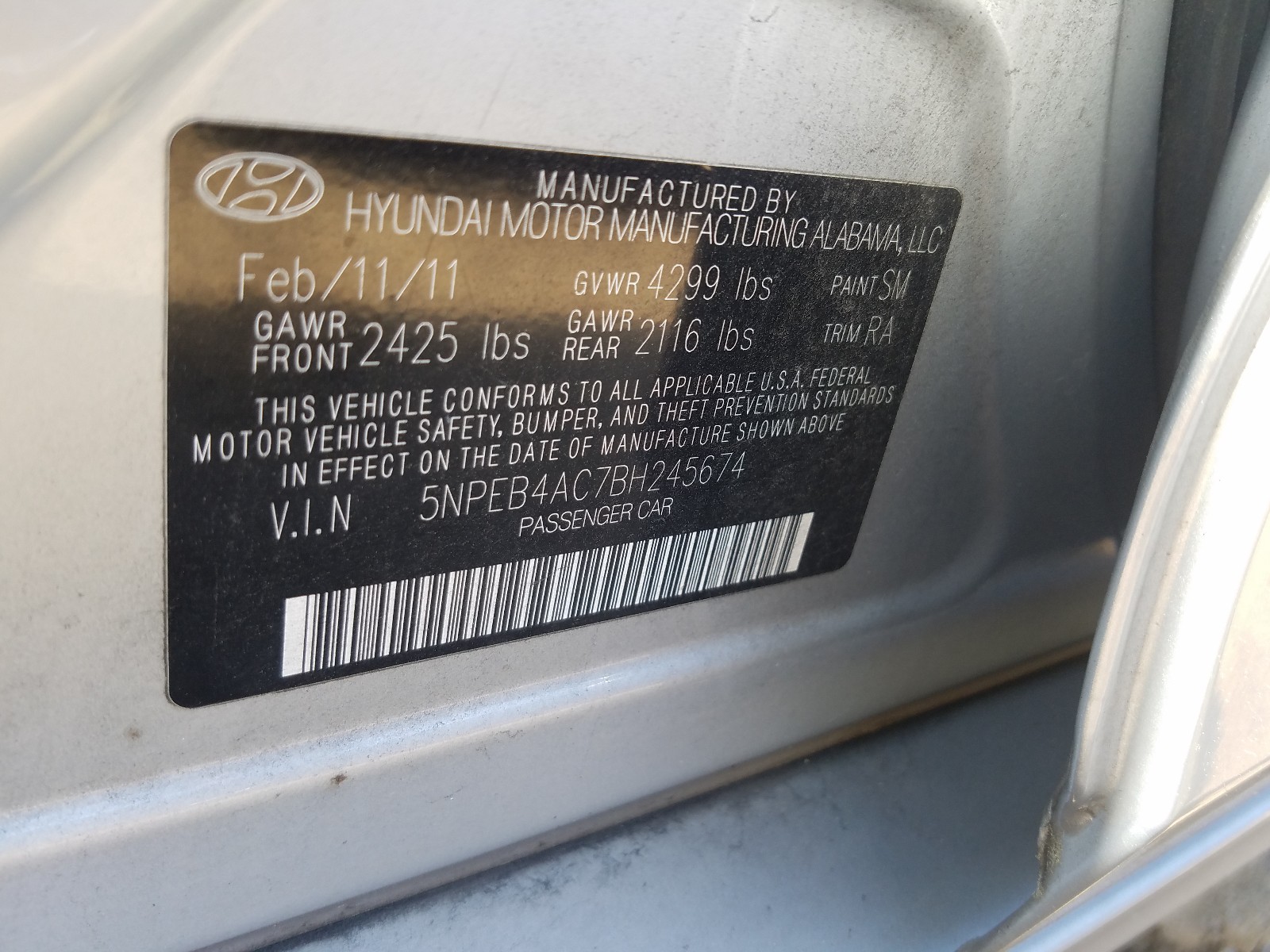 Photo 10 from auction – 2011 HYUNDAI SONATA GLS with VIN 5NPEB4AC7BH245674