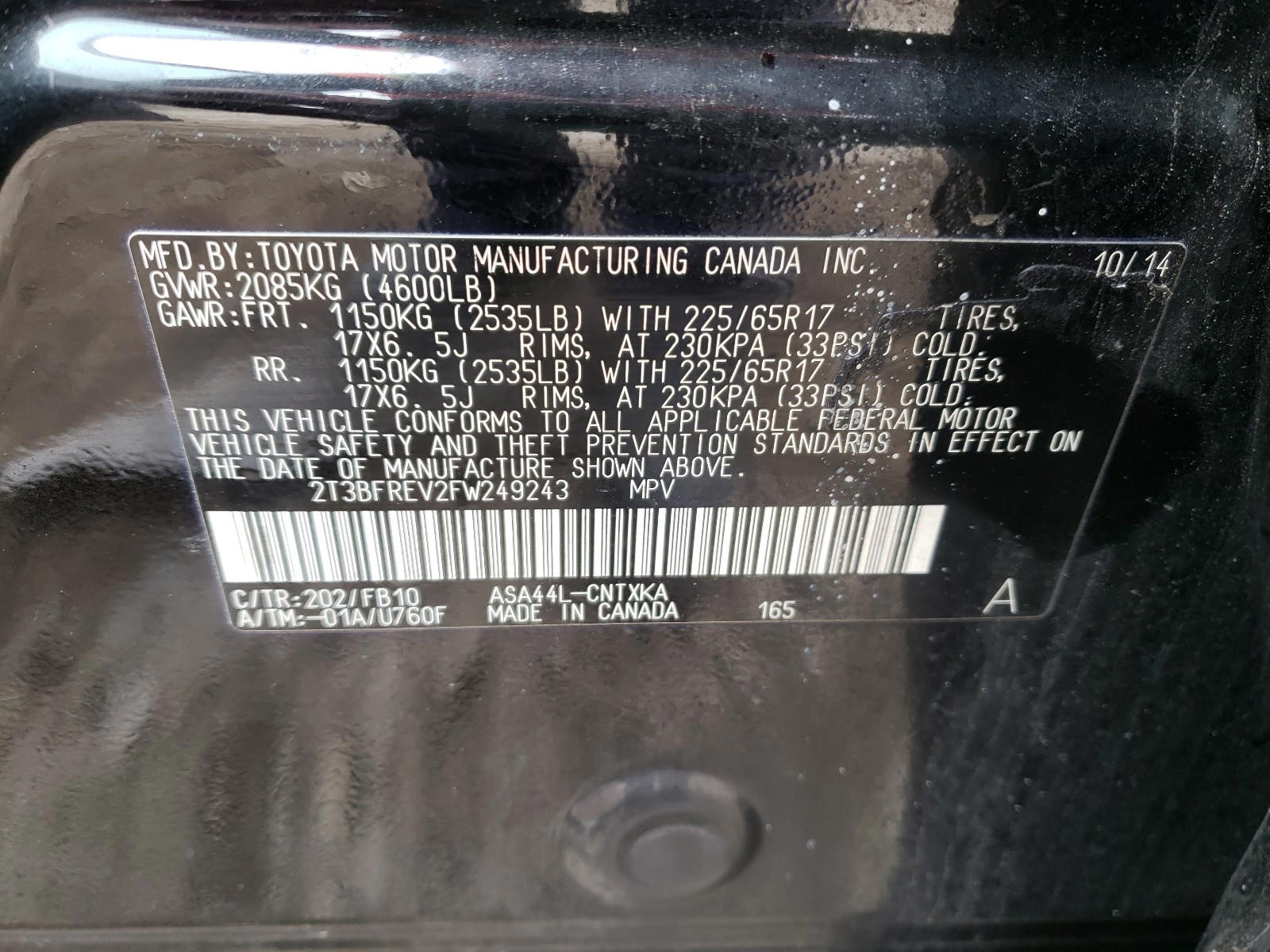 Photo 10 from auction – 2015 TOYOTA RAV4 LE with VIN 2T3BFREV2FW249243