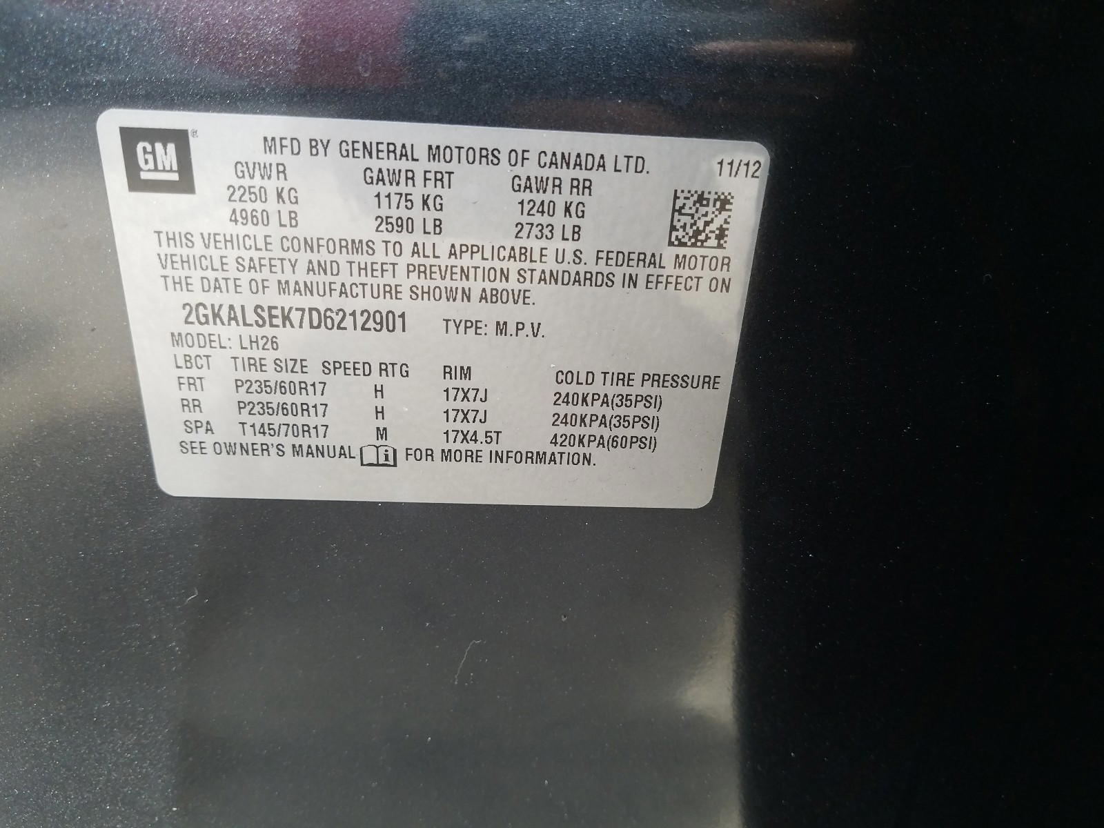 Photo 10 from auction – 2013 GMC TERRAIN SL with VIN 2GKALSEK7D6212901