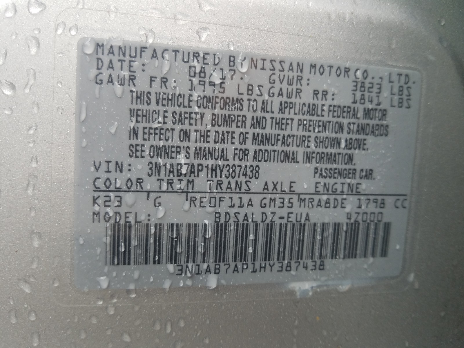 Photo 10 from auction – 2017 NISSAN SENTRA S with VIN 3N1AB7AP1HY387438