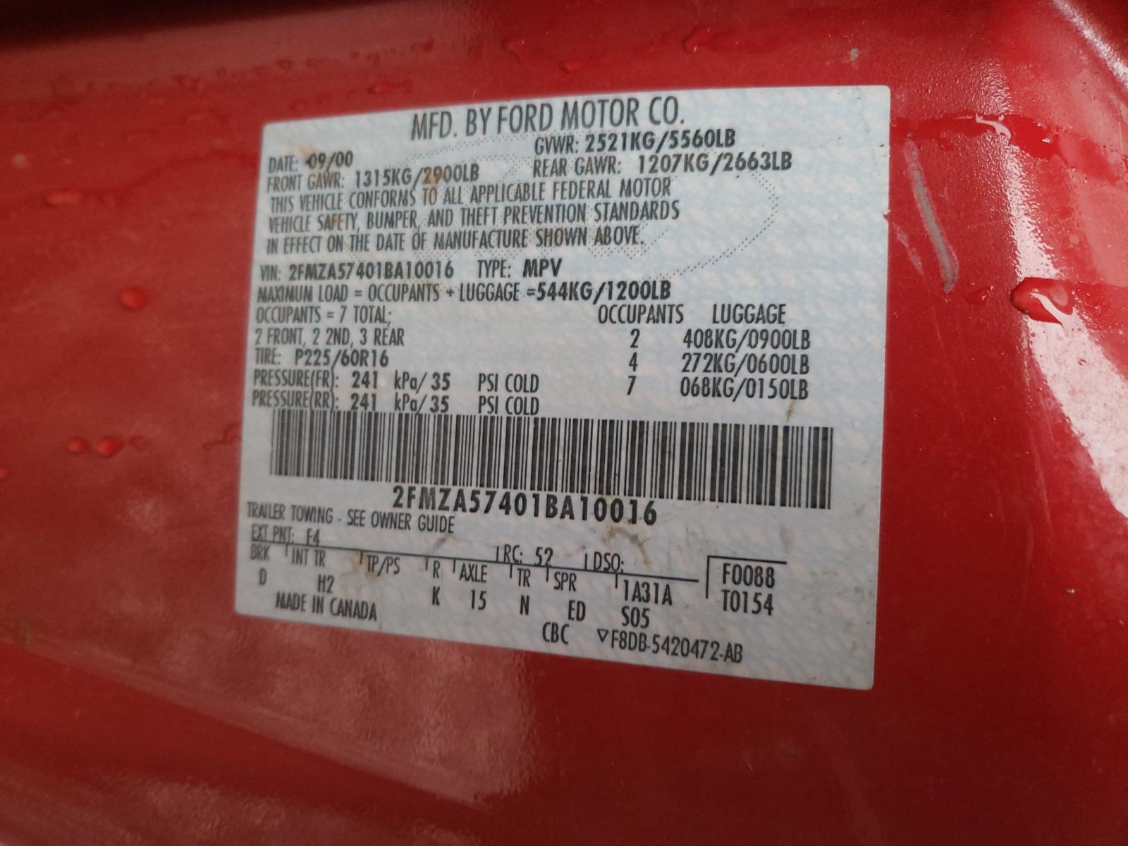Photo 10 from auction – 2001 FORD WINDSTAR S with VIN 2FMZA57401BA10016