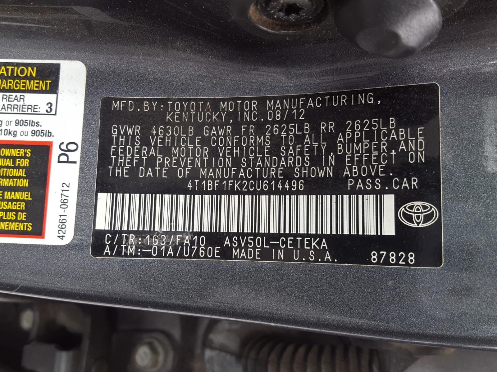 Photo 10 from auction – 2012 TOYOTA CAMRY BASE with VIN 4T1BF1FK2CU614496