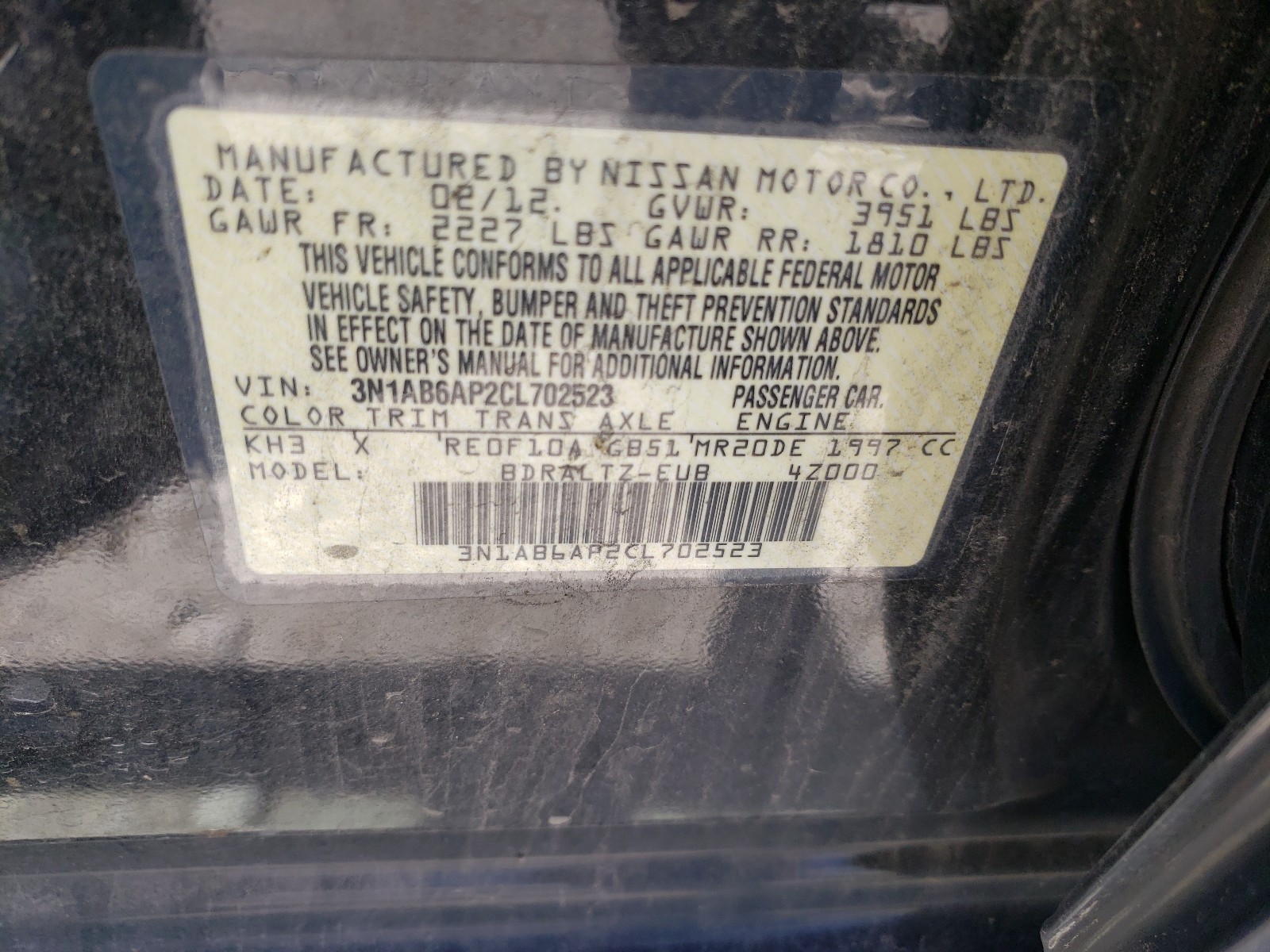 Photo 10 from auction – 2012 NISSAN SENTRA 2.0 with VIN 3N1AB6AP2CL702523