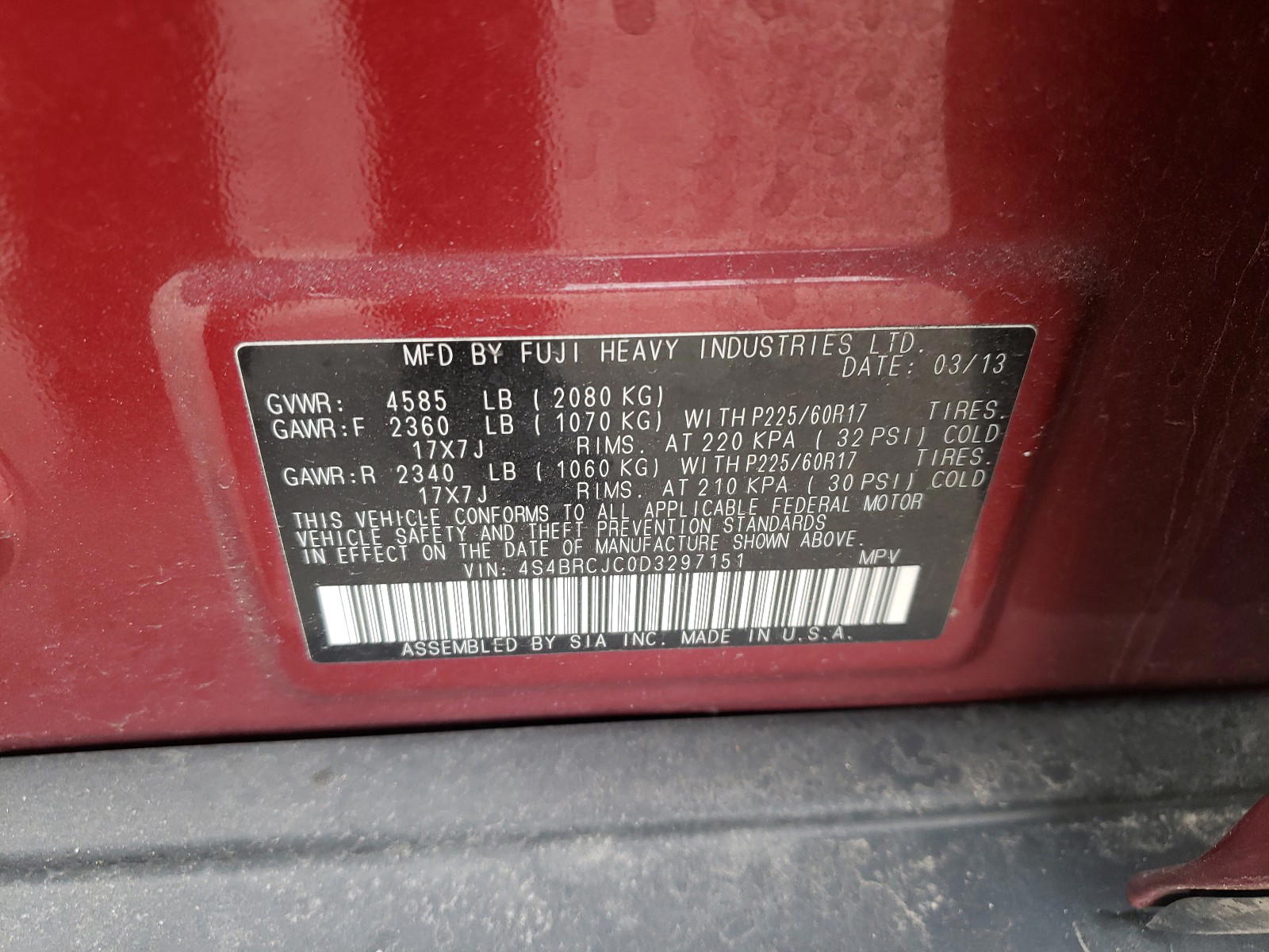 Photo 10 from auction – 2013 SUBARU OUTBACK 2. with VIN 4S4BRCJC0D3297151