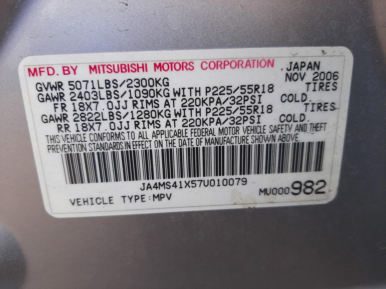 Photo 10 from auction – 2007 MITSUBISHI OUTLANDER with VIN JA4MS41X57U010079