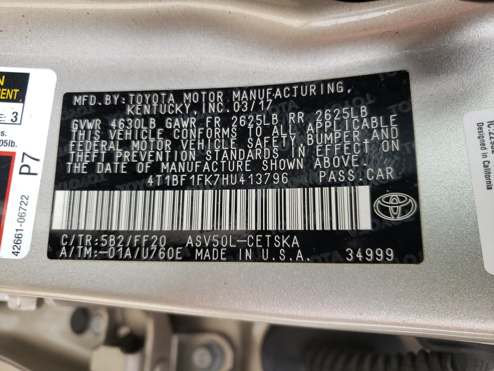 Photo 10 from auction – 2017 TOYOTA CAMRY LE with VIN 4T1BF1FK7HU413796