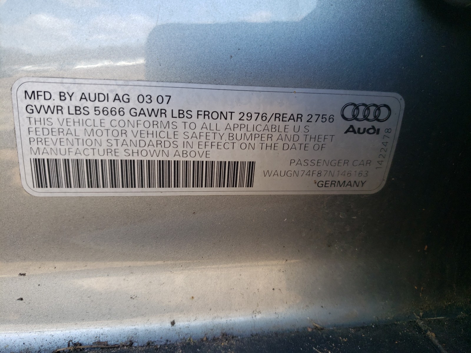 Photo 10 from auction – 2007 AUDI S6 QUATTRO with VIN WAUGN74F87N146163