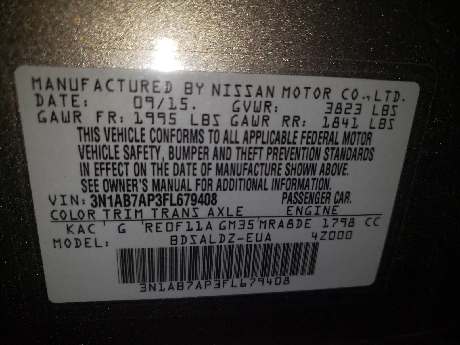 Photo 10 from auction – 2015 NISSAN SENTRA S with VIN 3N1AB7AP3FL679408