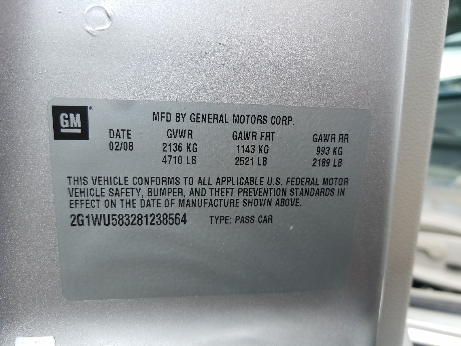 Photo 10 from auction – 2008 CHEVROLET IMPALA LTZ with VIN 2G1WU583281238564