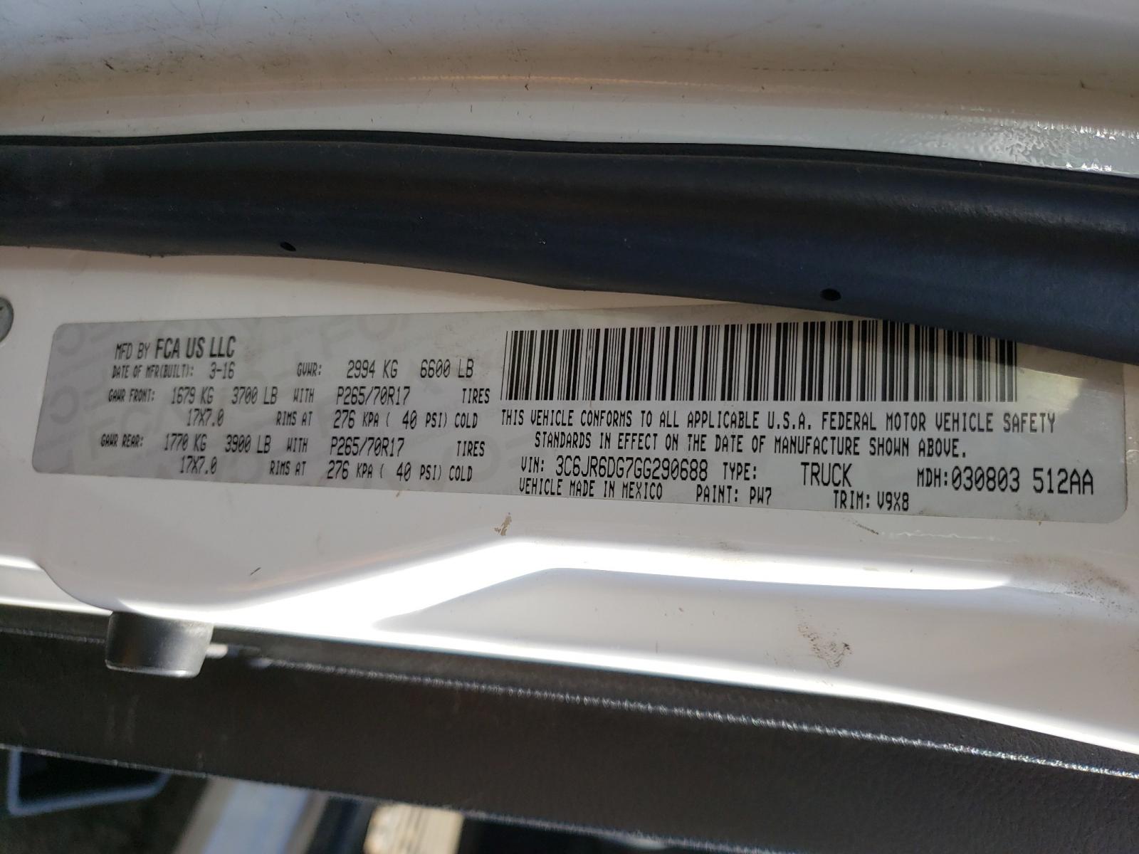 Photo 10 from auction – 2016 RAM 1500 ST with VIN 3C6JR6DG7GG290688